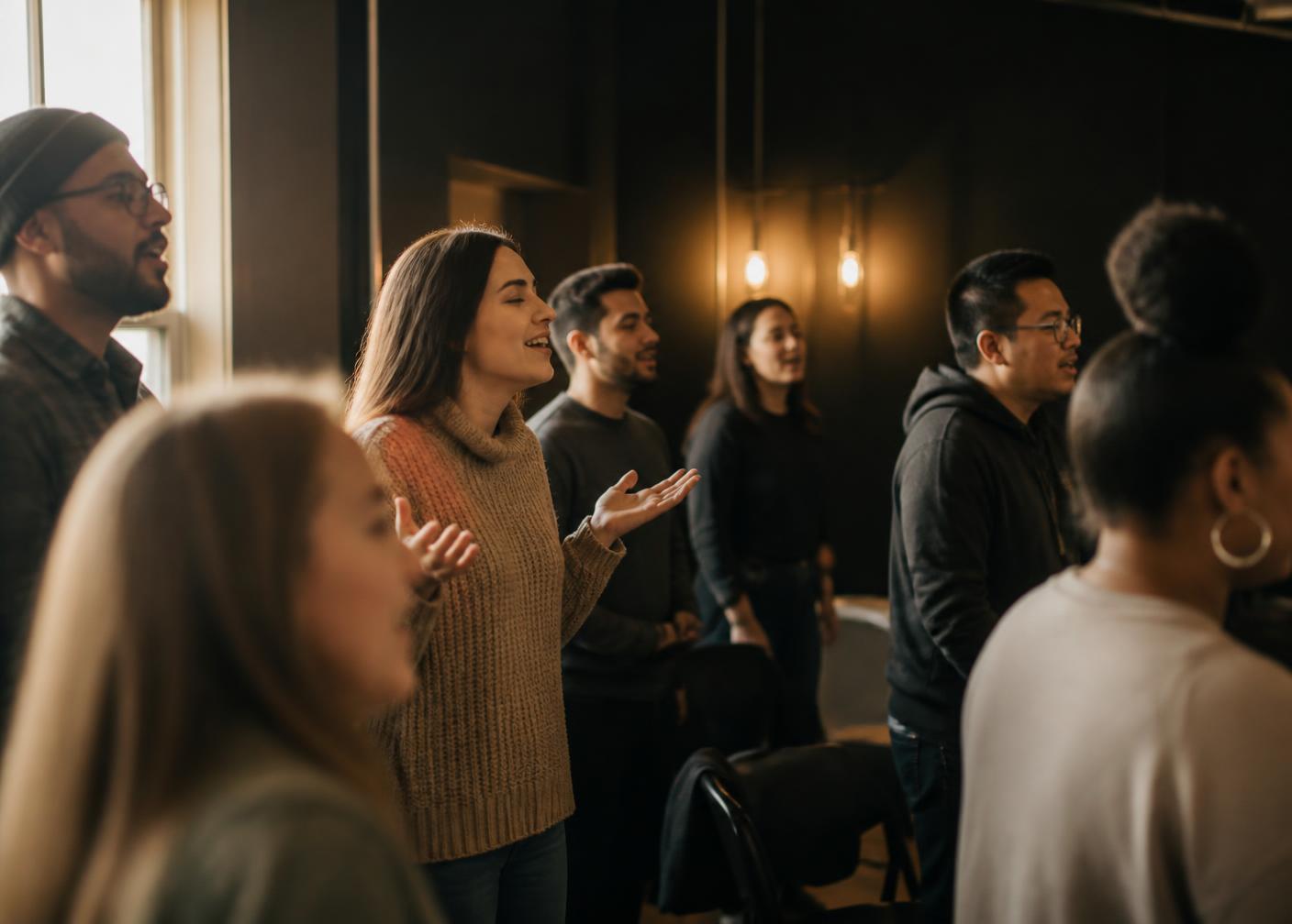 Personas de la comunidad de Iglesia Kairos cantando juntas