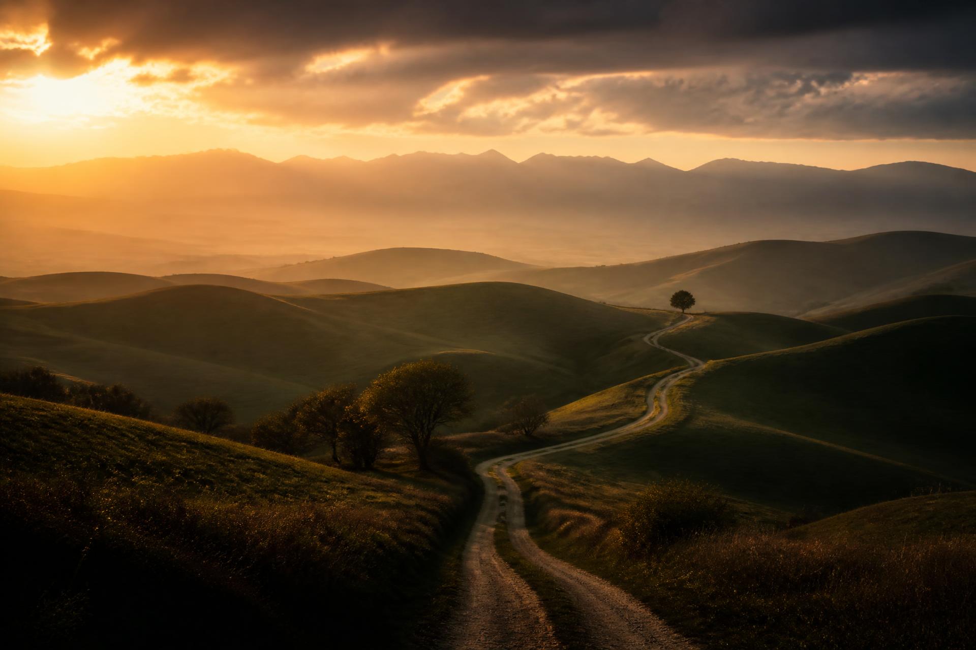 Camino serpenteante entre las colinas de Navarra al amanecer